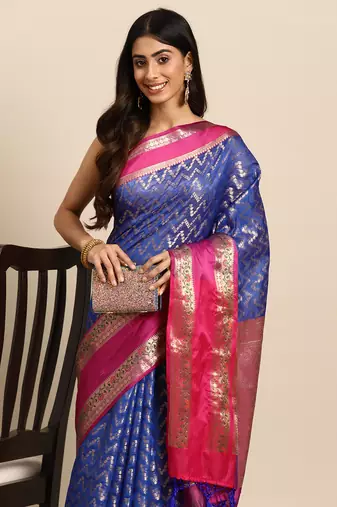 Silk Land  Navy Blue  Woven Design Silk Blend Saree 