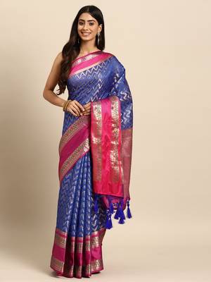 Silk Land  Navy Blue  Woven Design Silk Blend Saree  2