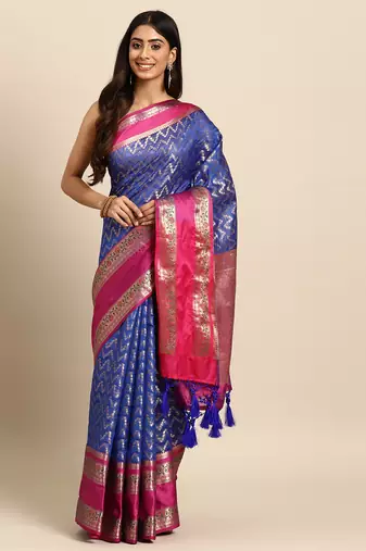 Silk Land  Navy Blue  Woven Design Silk Blend Saree 