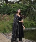 Premium Black Ready Made Alia Cut Kurti With Pant & Dupatta Set