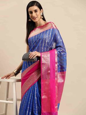Silk Land  Blue  Woven Design Art Silk Saree  1