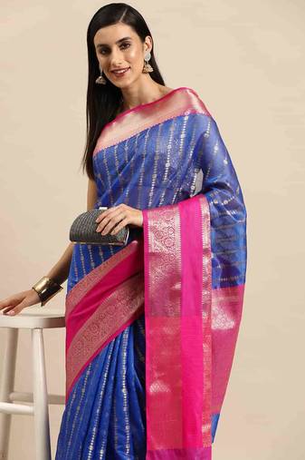 Silk Land  Blue  Woven Design Art Silk Saree 
