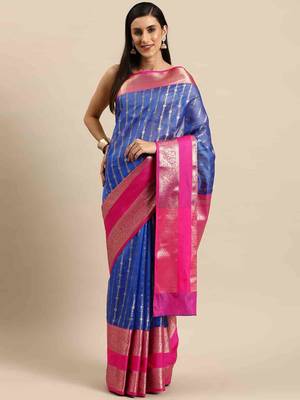 Silk Land  Blue  Woven Design Art Silk Saree  2