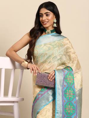 Silk Land  Beige  Woven Design Silk Blend Saree  1