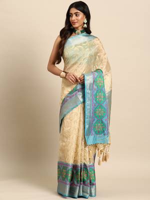 Silk Land  Beige  Woven Design Silk Blend Saree  2