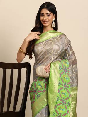 Silk Land  Grey  Woven Design Silk Blend Saree  1