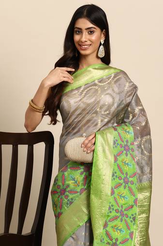 Silk Land  Grey  Woven Design Silk Blend Saree 