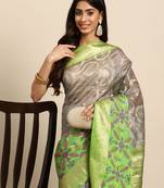Silk Land  Grey  Woven Design Silk Blend Saree 