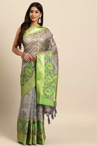 Silk Land  Grey  Woven Design Silk Blend Saree 