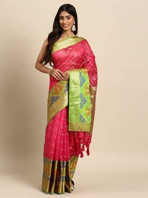 Silk Land  Pink  Woven Design Silk Blend Saree  1