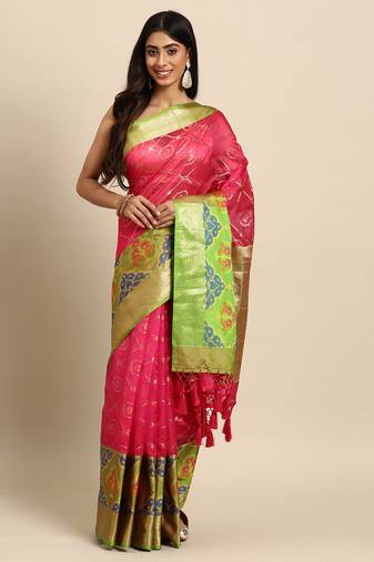 Silk Land  Pink  Woven Design Silk Blend Saree 