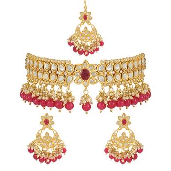 traditional pearl kundan choker jewellery necklace set with maang tikka for women  1