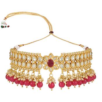 traditional pearl kundan choker jewellery necklace set with maang tikka for women  2