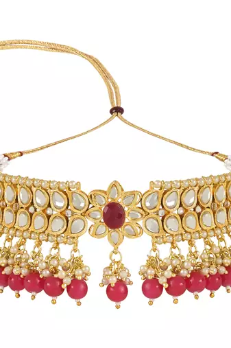 traditional pearl kundan choker jewellery necklace set with maang tikka for women 