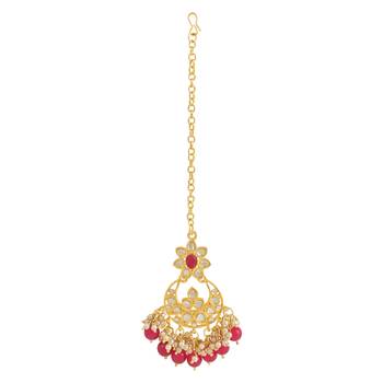 traditional pearl kundan choker jewellery necklace set with maang tikka for women  4