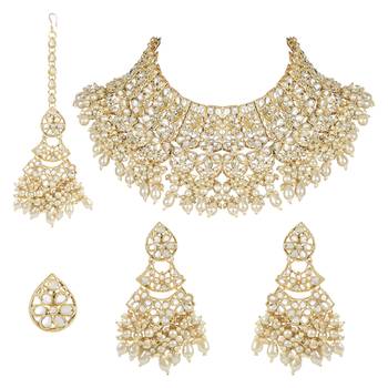 traditional pearl kundan floral bridal choker necklace with earring maang tikka & finger ring set 1