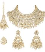 traditional pearl kundan floral bridal choker necklace with earring maang tikka & finger ring set