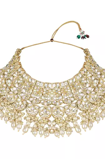 traditional pearl kundan floral bridal choker necklace with earring maang tikka & finger ring set