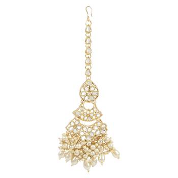 traditional pearl kundan floral bridal choker necklace with earring maang tikka & finger ring set 4