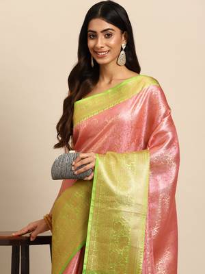 Silk Land  Pink  Woven Design Tissue Saree  1