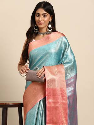 Silk Land  Teal  Woven Design Tissue Saree  1