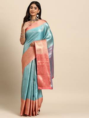 Silk Land  Teal  Woven Design Tissue Saree  2