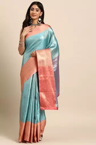 Silk Land  Teal  Woven Design Tissue Saree 
