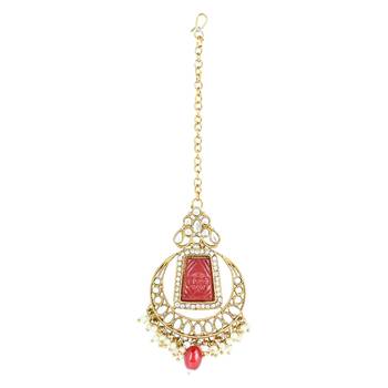 traditional pearl kundan & stone jewellery necklace set with maang tikka for women  4