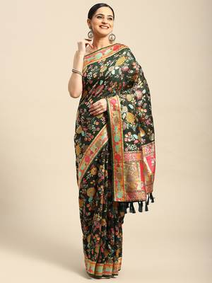 Silk Land  Green  Embroidered Cotton Blend Saree  1