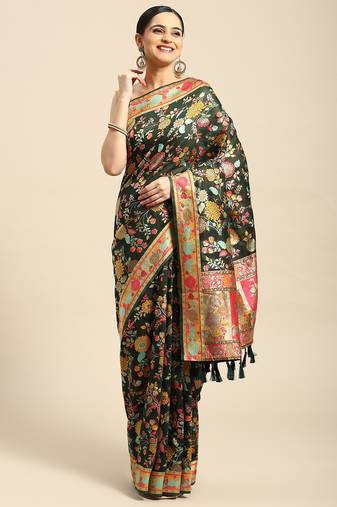 Silk Land  Green  Embroidered Cotton Blend Saree 