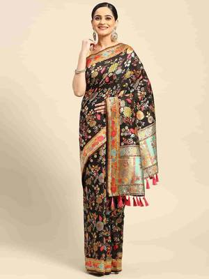 Silk Land  Black  Embroidered Cotton Blend Saree  1