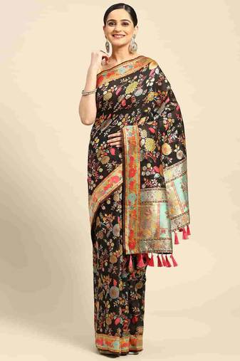 Silk Land  Black  Embroidered Cotton Blend Saree 