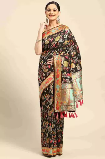 Silk Land  Black  Embroidered Cotton Blend Saree 