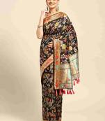 Silk Land  Black  Embroidered Cotton Blend Saree 