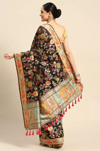 Silk Land  Black  Embroidered Cotton Blend Saree 