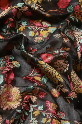 Silk Land  Black  Embroidered Cotton Blend Saree 