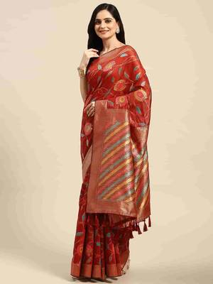 Silk Land  Red  Embroidered Cotton Blend Saree  1