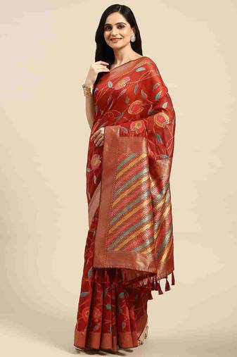 Silk Land  Red  Embroidered Cotton Blend Saree 