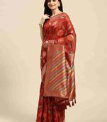 Silk Land  Red  Embroidered Cotton Blend Saree 