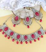 traditional red pearl kundan & stone jewellery necklace set with maang tikka for women 