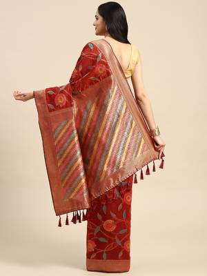 Silk Land  Red  Embroidered Cotton Blend Saree  2