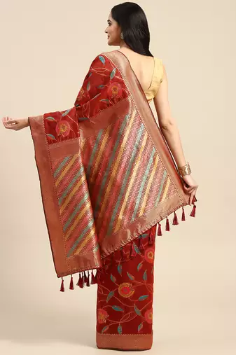 Silk Land  Red  Embroidered Cotton Blend Saree 