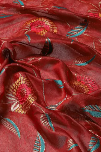Silk Land  Red  Embroidered Cotton Blend Saree 