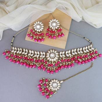 traditional kundan pearl hanging choker necklace jewellery set with earrings & maang tikka 1