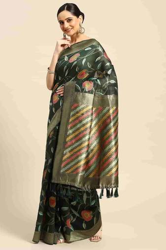 Silk Land  Green  Embroidered Cotton Blend Saree 