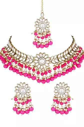 traditional kundan pearl hanging choker necklace jewellery set with earrings & maang tikka