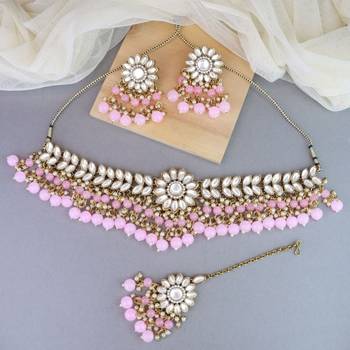 traditional kundan pink pearl hanging choker necklace jewellery set with earrings & maang tikka 1