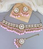 traditional kundan pink pearl hanging choker necklace jewellery set with earrings & maang tikka