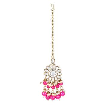 traditional kundan pearl hanging choker necklace jewellery set with earrings & maang tikka 4