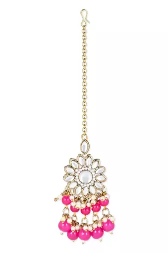 traditional kundan pearl hanging choker necklace jewellery set with earrings & maang tikka